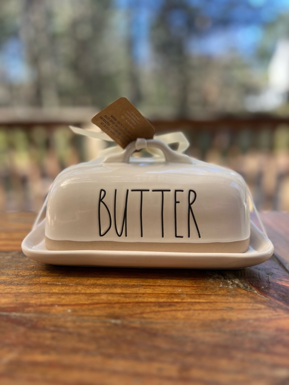 RAE DUNN White and Tan Stripe Black Letters Covered Ceramic Butter Dish NWT NEW